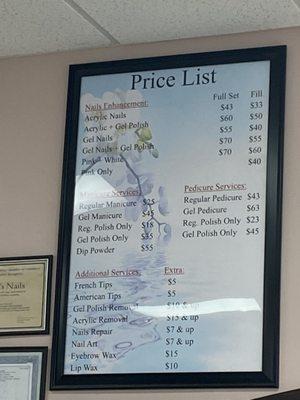 Price list $43.00 pedi and Mani is $25.00 OMG! $68.00 and your pedi is 25 minutes no spa treatments.