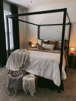 bedspread, frame, baskets, throw blankets, bedside tables & lamps - all from target.