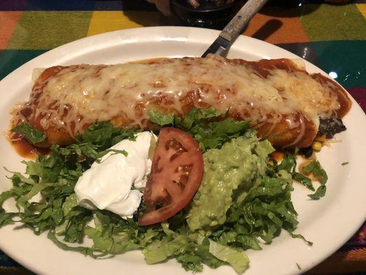 Huge steak burrito covered with tomato based sauce