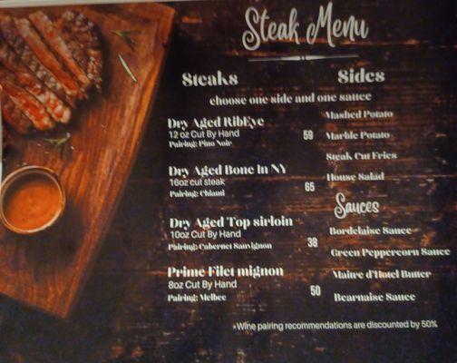 Steak menu