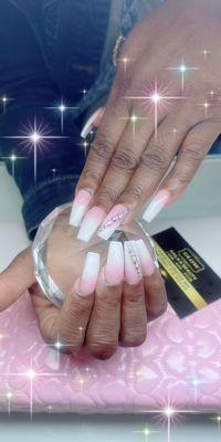 Ombré acrylic Fullset pink and white with diamonds designs. Nails done by Tracy.