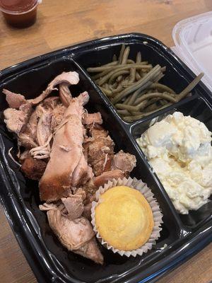 Pulled chicken, Green Beans, Cornbread Muffin *DF, Potato Salad