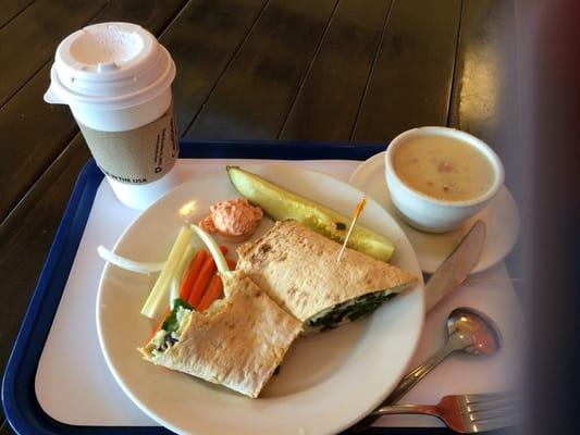 Cheesy artichoke wrap with vegetables and a cup of cabbage soup