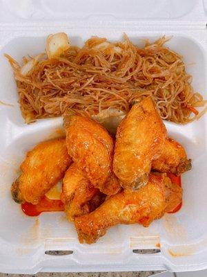 Chicken wings (Buffalo) with a side of pancit (replaced the fries)