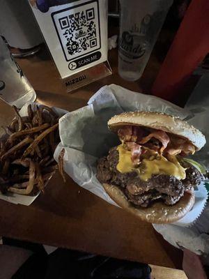 Double bacon cheese burger and fries