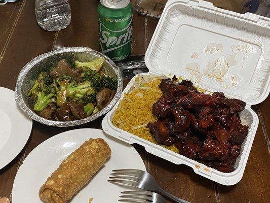 Spare Ribs w Fried Rice, Beef w Broccoli & Shrimp Roll.