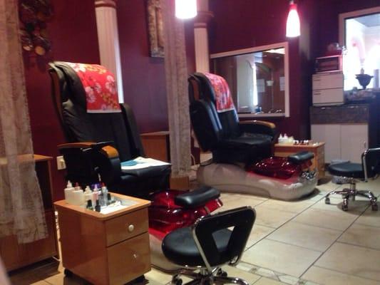 Salon chairs for pedicure. Nicely decorated, clean and simple.