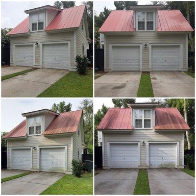 Metal roof cleaning before and after.