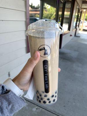 Roasted Black Sesame Milk Tea ($5.95), 25% sugar, no ice, boba (+$0.75)