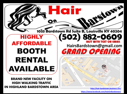 Hair On Bardstown is having booth available for rent. Highly affordable to get start