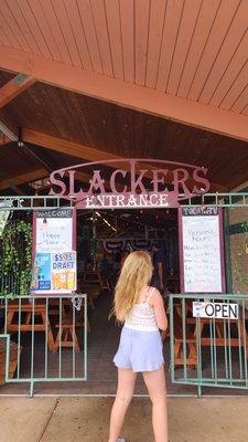 The entrance of Slackers. It's in a strip mall.