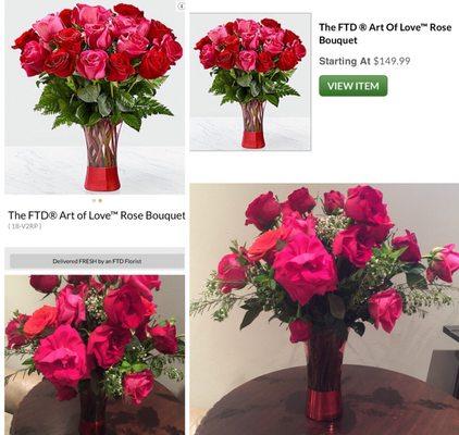 Flowers that were order in top photos, flowers that were delivered dead and a week late in bottom photos.