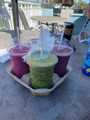 Dragon on the Fly, Cool Greens and Coco Berry smoothies (left to right)