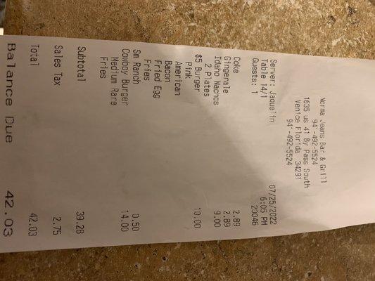 Photo of the receipt, you can clearly see that my burger the cowboy burger was not part of the special.