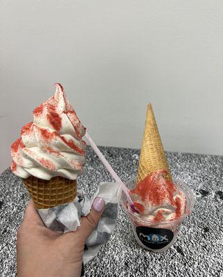 Vanilla soft serve with strawberry magic dust. My kids' favorite! They also got Pop Rocks on the side.