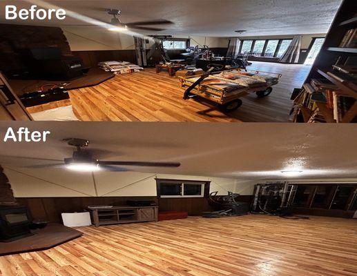 Before and after of a family room. We cleaned and organized the space so the family could enjoy it.