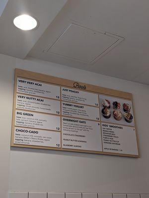 Acai bowl menu