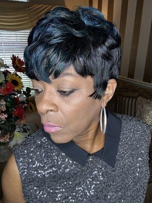 100% Human  Hair, Pixie Glueless wig custom colored, Navy Blue & Black .