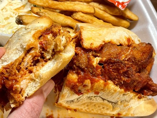 Chicken parm grinder filling - fresh roll, breaded chicken cutlet, sauce, melted cheese, roasted red peppers