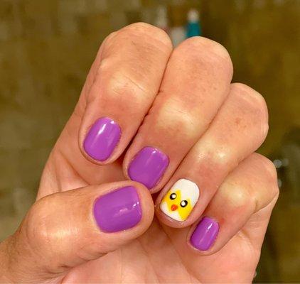 Easter 2022 mani by Tina! How cute is that lil' chick?  Who knew the purple would be so pretty!!!!!