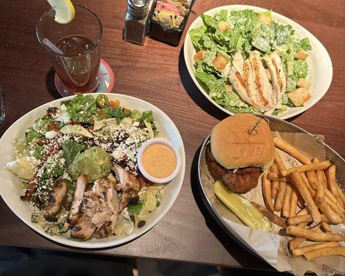 Fried Chicken Sandwich, Southwestern Grilled Chicken Salad, Chicken Caesar Salad