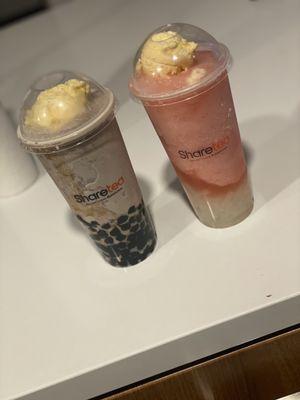 Oreo Ice Blended with Pearl and added ice cream Strawberry ice blended with lychee jelly & ice cream.