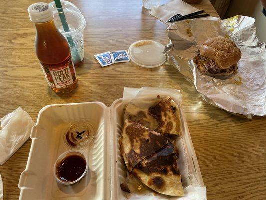 Pulled pork sandwich and brisket quesadillas