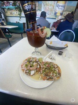 Mixta Tostada & Ceviche de pescado! Mix tostada of Octopus, shrimp, and fish ceviche, the other is solely fish ceviche.