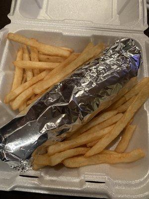 Wrap "wrapped" in foil to avoid the fries from getting soggy. Others should take note.