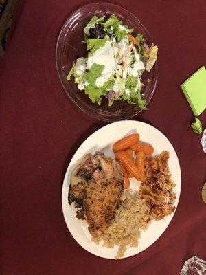 Chicken, pasta, rice and salad