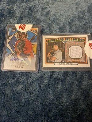 My replacements for a damaged Freddie freeman silver pack auto /10 and bo bichette majestic logo patch /3 from Topps triple threads