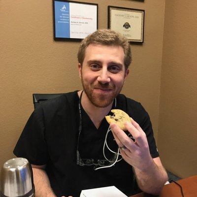 When our amazing patients surprise us with Tiff's Treats, even the Dr. Carnow has warm chocolate chip cookies for breakfast! :)