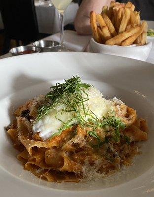 lamb ragu pappardelle and frites with rosemary aioli