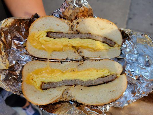 Sausage, egg, and cheese on everything bagel