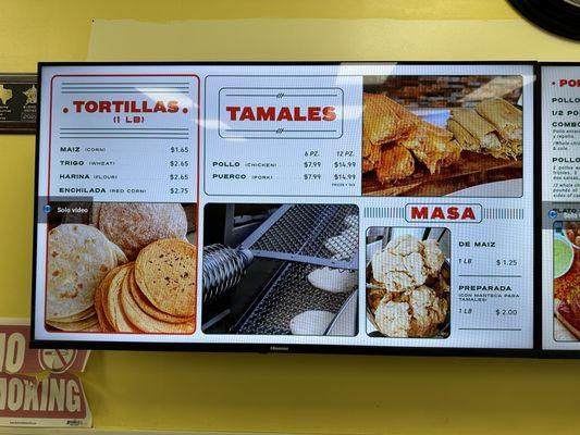 Menu for tortillas, tamales, and masa.