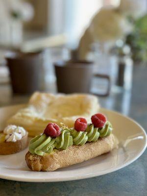 Matcha Raspberry eclair with chantilly cream