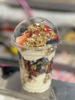 Parfait , Vanilla ice cream, Granola, honey, Strawberries & Blueberries!