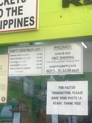 Price list of empty box