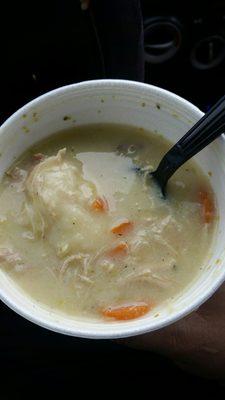 Homemade chicken 'n dumplings just like my dad used to make! $3.49/pint.