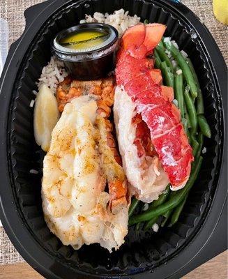 Lobster Lover's Dream - two tails with rice pilaf and green beans (to go)