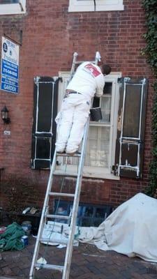 Historical exterior Benjamin Moore paints being applied to a Green St. Home in Philadelphia, Pa.