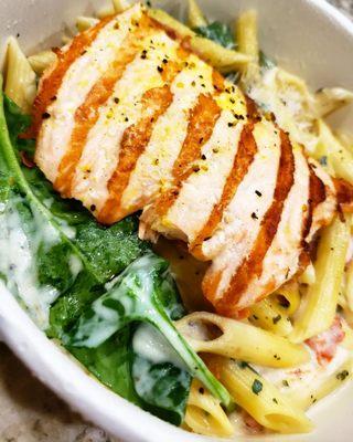 Grilled salmon carbonara penne pasta IG@eatanddrinkhouston