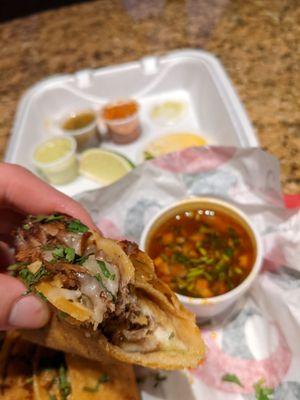 Quesabirria tacos with consome (au jus)