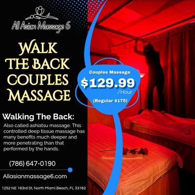 Walking on back massage, also called ashiatsu massage. This controlled deep tissue massage has many benefits. much deeper and more penetrati