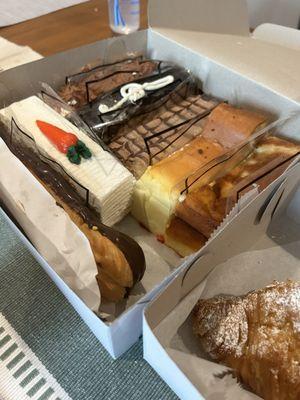 Eclair, carrot cake, Lobster Tail, Russian cheesecake, tiramisu