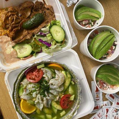 Carne asada plate, aguachiles, and ceviche!