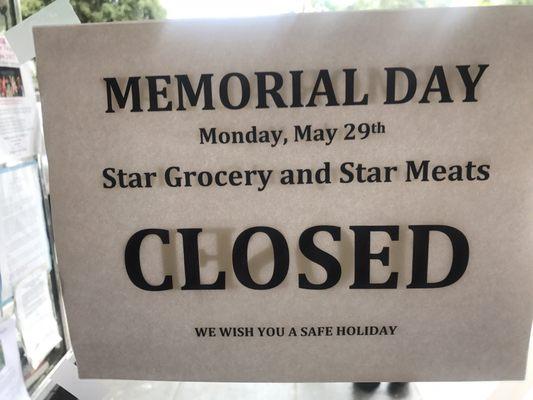 Closed on Memorial Day!