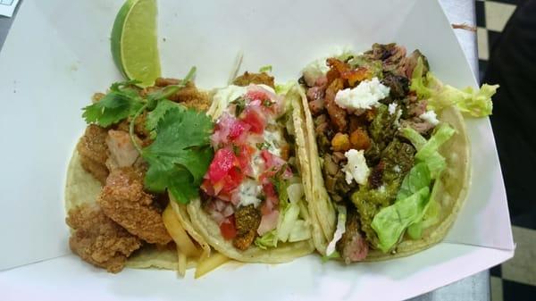 Tai fried chicken, avocado, and marinated steak taco.