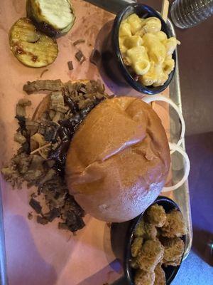 Brisket beef sandwich with Mac & cheese and okra.