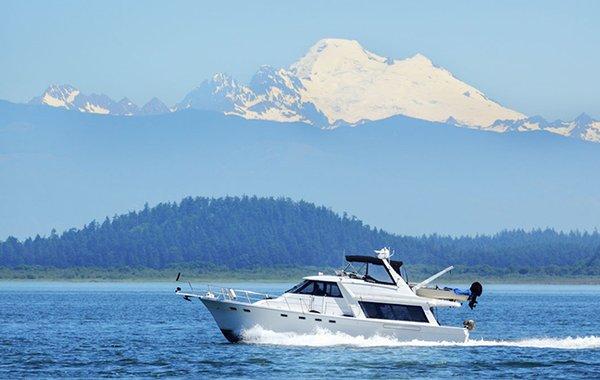 Cruising through the San Juan Islands with views of Mount Baker.